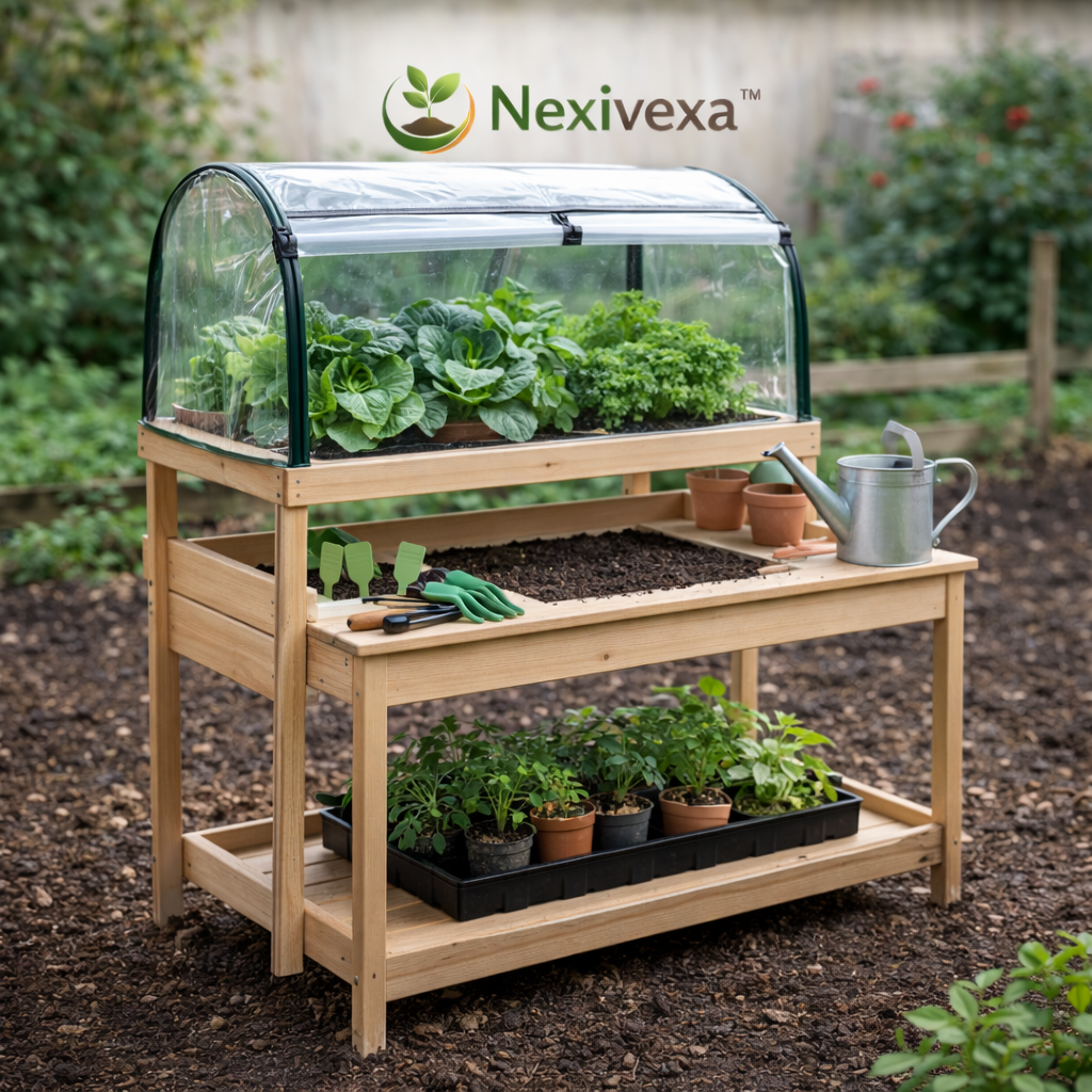 Nexivexa™ Wooden Potting Bench with Greenhouse Cover